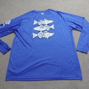 Columbia PFG Shirt 2XL Blue Double Sided Fishes Spellout On the Water